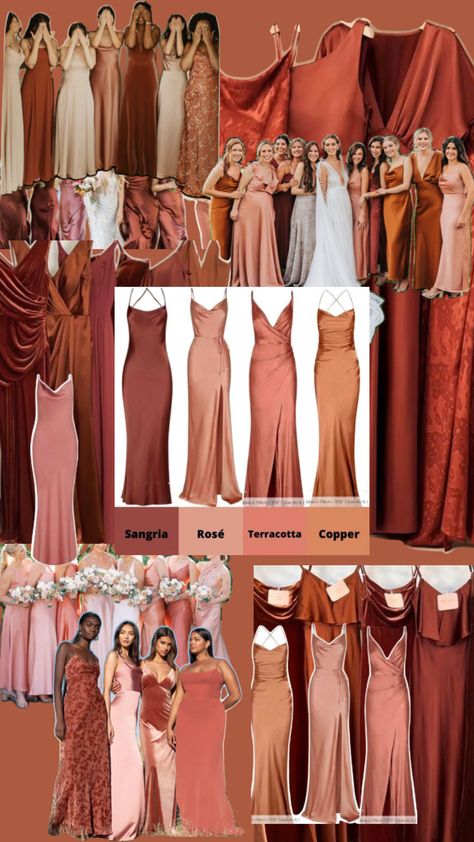 Terracotta monochromatic bridesmaids copper, rust, burgundy, dusty rose Copper Bridesmaid Dresses, Fall Photoshoot Ideas, Rust Bridesmaid Dress, Fall Bridesmaids, Fall Bridesmaid Dresses, Rose Bridesmaid Dresses, Wedding Party Outfits, Bridesmaid Colors, Dusty Rose Wedding