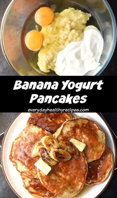 Eggs, yogurt and mashed banana in bowl and banana yogurt pancakes on plate. Banana Oatmeal Yogurt Pancakes, Baby Protein Pancakes, Pancakes Made From Bananas, Healthy Energy Breakfast Ideas, We Banana Pancakes, Yogurt Eggs Breakfast, Pancakes Made With Yogurt, Healthy Pancakes For Toddlers, Healthy Banana Protein Pancakes