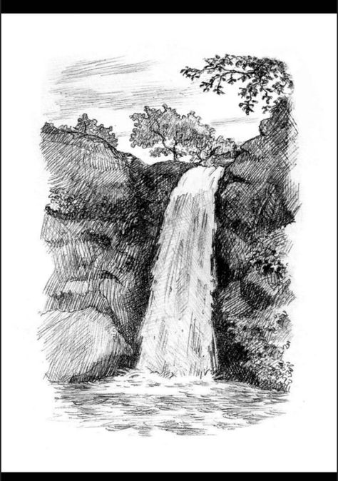 Waterfall Sketch, Waterfall Drawing, Landscape Pencil Drawings, Landscape Design Drawings, Fall Drawings, Nature Art Drawings, Nature Sketch, Drawing Water, Pen Art Drawings