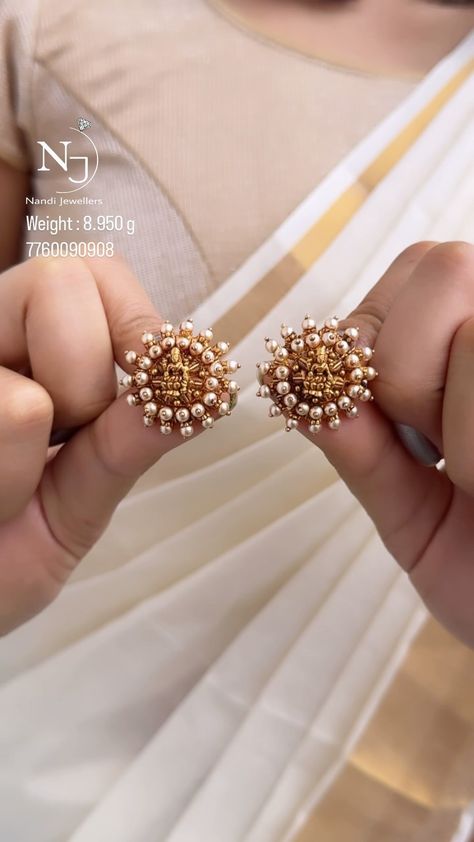 Lakshmi Pearl Ear Studs From 'Nandi Jewels' • South India Jewels Ear Studs Indian, Lakshmi Earrings, Big Earrings Gold, Pearl Earrings Designs, Small Earrings Gold, Ear Tops, Gold Pearl Jewelry, New Gold Jewellery Designs, Gold Earrings Models