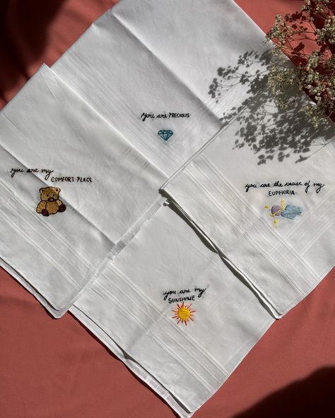 Crafted these really cute one liners on our men’s handkerchief for Valentines 💘 . . . #customembroidery #chennaibasedembroidery #embroideryartist #artistsoninstagram #giftideas #giftsforher #giftsforhim #love #homedecor #chennaibasedgifting #artbychahat Embroidery Handkerchief Ideas, Hand Embroidery Designs For Boyfriend, Embroidery Gift For Boyfriend, Embroidery Gifts For Boyfriend, Embroidery Designs Gift Ideas, Sewing Gifts For Boyfriend, Handkerchief Embroidery Men, Embroidery For Handkerchief, Birthday Embroidery Ideas