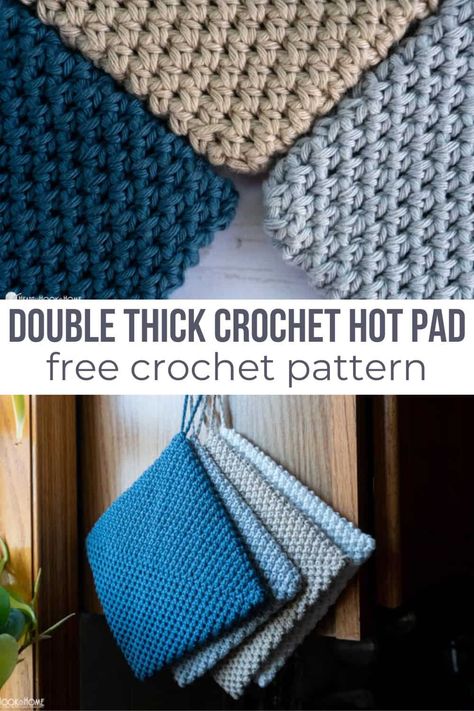 Something ALL households need? Hot pads and potholders! Follow this FREE crochet pattern to make a set of easy double thick crochet hot pads. Potholder Patterns Free, Crochet Towels, Crochet Hot Pad, Thick Crochet, Crochet Pot Holders Free Pattern, Crochet Potholder, One Skein Crochet, Crochet Potholder Patterns, Crochet Hot Pads