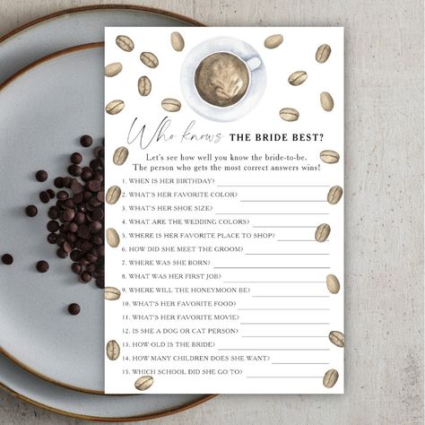 Love is brewing Who knows the bride best Bridal Shower Themes Champagne, Love Is Brewing Bridal Shower Favors, Love Is Brewing Coffee Bridal Shower Ideas, Let Love Brew Bridal Shower Theme, Coffee Bridal Shower Theme Decor, Coffee Themed Bachelorette Party, Bridal Shower Themes Coffee, Love Is Brewing Bridal Shower Theme, Love Is Brewing Bridal Shower Ideas Food