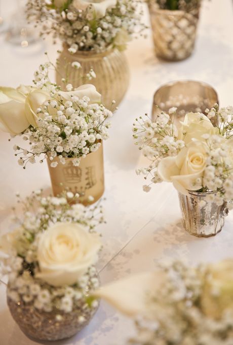 Neutral Wedding Color Palette Ideas: White Rose and Baby's Breath Centerpieces | Brides.com 50th Anniversary Party Ideas Balloons, Table Decorations Party, 50th Anniversary Ideas, Elegant Decorations, 50 Anniversary, 50th Wedding Anniversary Party, Anniversary Party Ideas, Rustic Wedding Decorations, 50th Anniversary Party