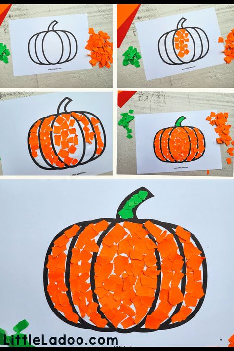 Torn Paper Pumpkin Craft Decorate A Paper Pumpkin For Kids, Easy Pumpkin Craft Preschool, Pumpkin Craft Toddler, Paper Pumpkin Craft Preschool, Decorate Paper Pumpkin School Project, Pumpkin Tissue Paper Craft, Art Lessons For Preschoolers, Torn Paper Pumpkin Craft, Craft Autumn Kids