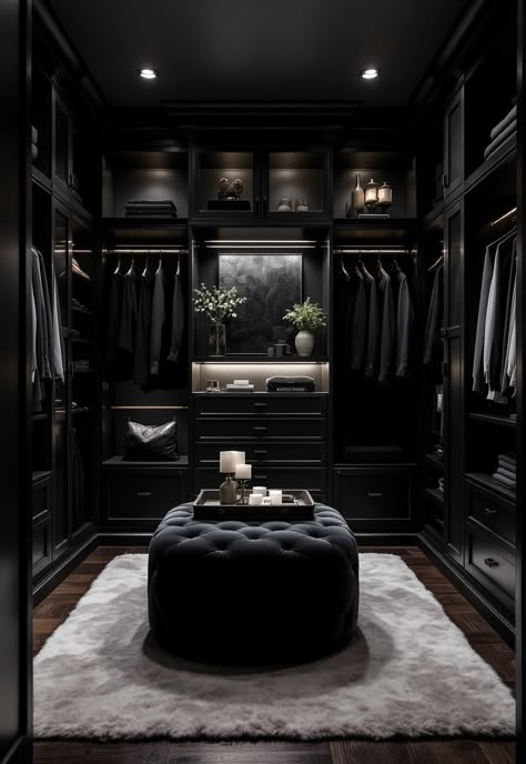 Walk in Closet Ideas Dark Luxury Walk In Closet, Black Master Closet Walk In, All Black Walk In Closet, Black And White Walk In Wardrobe, Luxury Black Closet, All Black House Interiors Bedroom, Black Luxury Closet, Closet Black Aesthetic, Black And Gold Walk In Closet