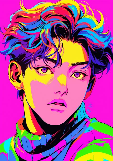 Neopop Art, Saturated Color Art, Gamer Boy Drawing, Pop Drawing, Complementary Art, Neon Color Art, Colorful Artstyle, Anime Drawing Coloured, Neon Digital Art