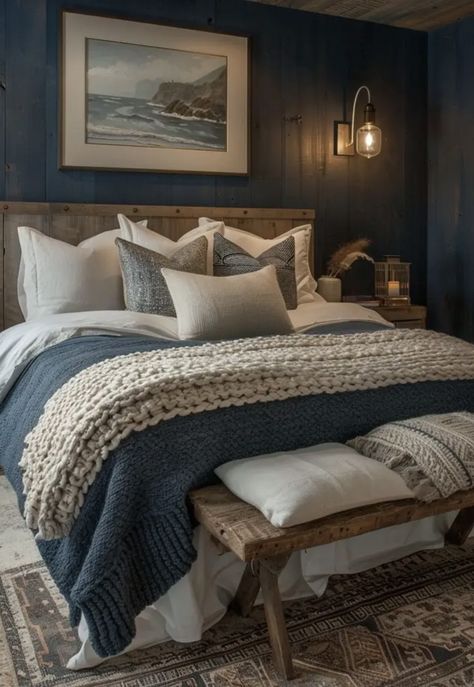 Dark Blue Master Bed, Dark Blue Room Ideas Bedrooms, Bright Guest Bedroom, Dark Coastal Bedroom, Dark Blue And White Bedroom, Dark Blue Bedroom Ideas, Lake House Bedroom, Dark Blue Bedrooms, Dark Blue Walls