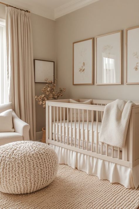 Nursery Section In Parents Room, Baby Girl Nursery Neutral Colors, Neutral Baby Girl Room, Baby Girl Nursery Aesthetic, Crib Wall Ideas, Small Nursery Inspiration, Simple Girls Nursery, Shared Room With Baby Parents, Nursery Ideas White Crib