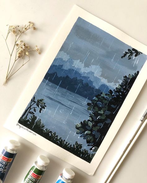 Small Acrylic Landscape Paintings, Simple Paintings Landscape, Gouche Painting Ideas Easy Landscape, Rainy Painting Easy, Paint Inspo Aesthetic, Painting Ideas Rain, Grey Painting Ideas, Small Gouache Painting, Mini Gouache Painting