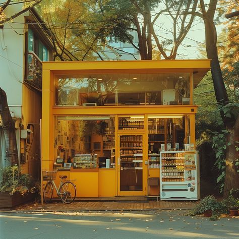 A quaint 1960s Tokyo corner store with its modernist design. Nestled on a street corner, its vibrant yellow exterior and cozy charm make it a standout. Perfect for architecture lovers and vintage ramen enthusiasts 🍜 #1960shouse #ModernistArchitecture #VintageCharm #tokyoarchitecture #suburbia #yellowinterior #architecturephotography #yellowaesthetic Corner Cafe Exterior, Cute Store Aesthetic, 1960s House Exterior, Store Building Design, 60 Architecture, House Exterior Vintage, House With Shop, Home Cafe Aesthetic, Retail Aesthetic