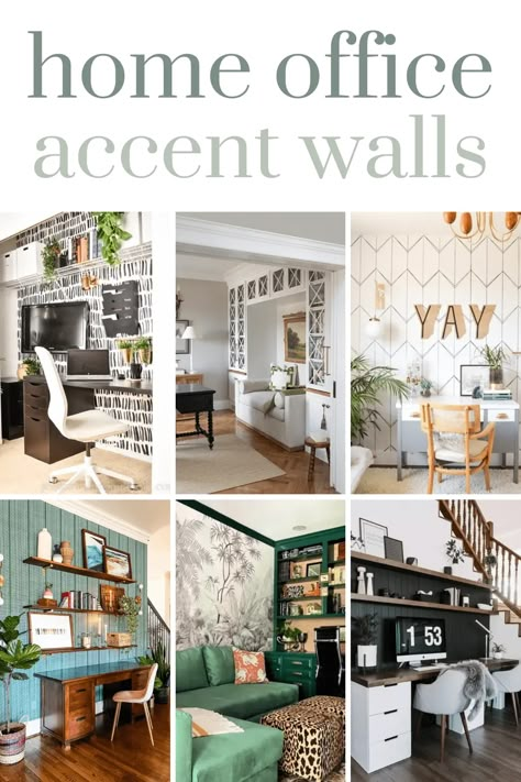 Looking for a way an easy way too more color or character to your home office space? Try one of these gorgeous office accent wall ideas. Modern Farmhouse Office Accent Wall, Feature Wall Home Office, Wallpaper Office Ideas Home Office, Wallpaper For Offices, Office Room Colors Wall Colours, Mirror On Accent Wall, Colors For Office Walls Interiors, Statement Wall In Office, Office Blank Wall Ideas