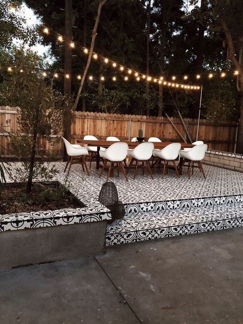 festoon lights, tiled patio, outdoor living, outdoor lights Festoon Lights, Backyard Spaces, Patio Diy, Patio Makeover, Salou, Festoon Lighting, Beautiful Backyards, Budget Backyard, Backyard Makeover