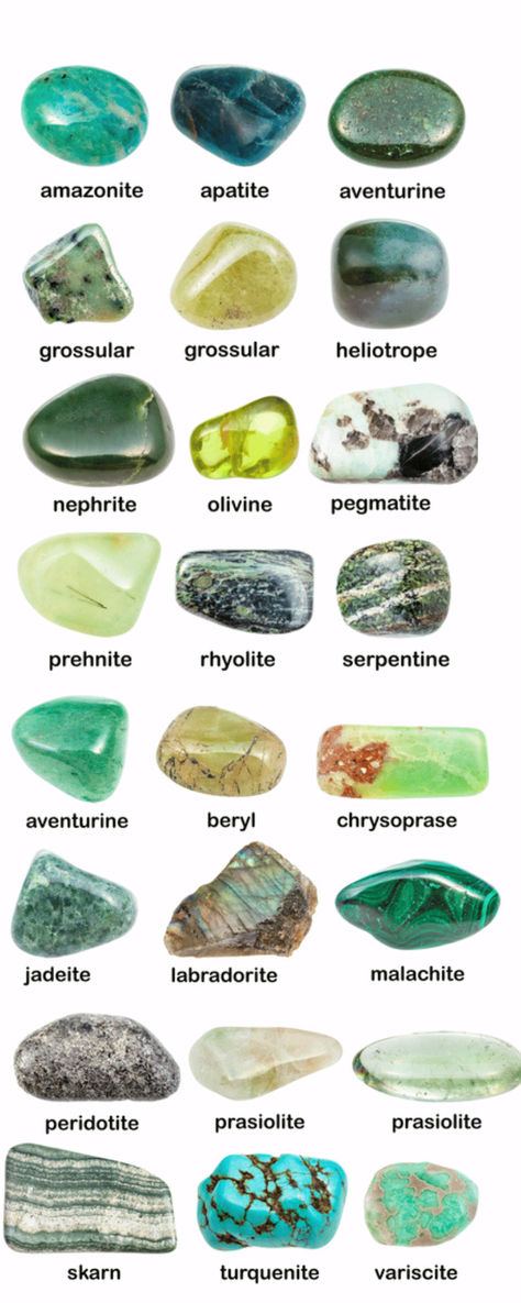 Green is a vibrant color that’s beloved by much of humanity, reminding us of the tranquility of nature. Here is a list of 13 green crystals, rocks, minerals and gemstones that can be found in nature. Crystal Rocks Stones, Green Stones And Crystals, Color Stone, Green Crystals Identification, Crystals And Gemstones Aesthetic, Green Gem, Green Rocks, Green Stones, Green And Silver