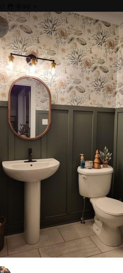 Waynes Coating Half Bathroom, Powder Bathroom Board And Batten, Bathroom Inspiration Wallpaper, Dark Wainscoting Ideas Bathroom, Wainscoting Half Bathroom, Dark Academia Half Bathroom, Cozy Powder Room Ideas, Pocket Bathroom Ideas, Small Guest Half Bathroom Ideas