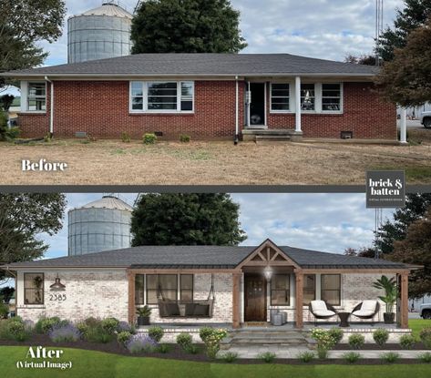 12 Front Porch Addition Ideas with Before and After Photos - brick&batten Revamp Exterior Of House, Adding On A Porch To House, Addition Off Back Of Ranch House, Whitewashed Brick House Exterior, Brick Ranch With Front Porch, Adding Front Porch To Ranch Style House Before And After, Before And After Front Porch Addition, Portico Addition Before And After, Redoing Front Porch