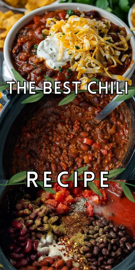 This super easy crockpot chili is THE BEST Chili Recipe! It's filled with ground beef, three types of beans and the perfect blend of chili spices. Family Chili Recipe, Thick Beef Chili Recipe, Chili Best Ever, Hardy Chilli Recipe, Old Fashion Chilli Recipe, Chili For 15 People, New York Times Chili Recipe, Chili With Great Northern Beans, Midwestern Chili Recipe