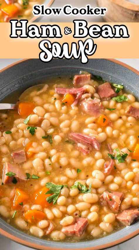 Learn how to make a delicious and hearty crockpot ham and bean soup with this easy recipe. You'll dive into a bowl of homemade goodness with this perfect comfort food for a cozy night in. An easy slow cooker soup recipe and great use of leftover ham. Bean Soup Crockpot, Crockpot Ham And Beans, Leftover Easter Ham, Cookbook Binder, Homemade French Onion Soup, Lamb Stew Recipes, Navy Bean Soup, Ham And Bean, Fiber Recipes