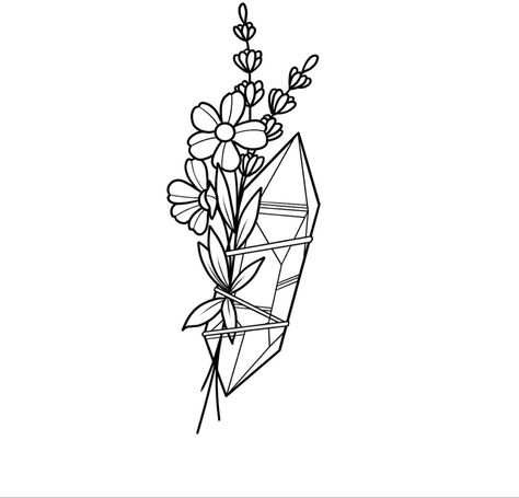 Crystal And Herb Tattoo, Crystal Flash Tattoo, Witchy Herbal Tattoos, Crystal Line Drawing, Kyber Crystal Tattoo, Small Crystal Tattoo, Crystals Tattoo Ideas, 30th Birthday Tattoo Ideas, 30th Birthday Tattoo