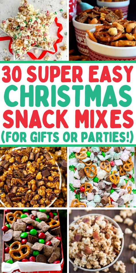 Easy Christmas snack mix recipes for gifts and holiday party food, including sweet and salty recipes for a crowd. Perfect for kids and adults alike, these homemade Christmas snacks and edible gift ideas are great to bring to potlucks, bake sales, or to munch on for movie nights. Salty Chex Mix Recipes, Trash Dessert, Christmas Snack Mix Recipes Gift Ideas, Christmas Chex Mix Recipes, Holiday Snack Mix Ideas, Christmas Snack Mixes, Salty Christmas Treats, Christmas Snack Mix Recipes, Savory Christmas Treats