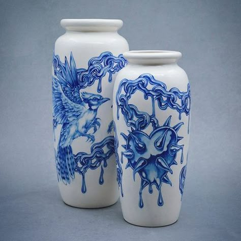 Mikkel Westrup Ceramics (@mwestrup.ceramics) • Instagram photos and videos Painted Ceramic Vase, Illustrative Ceramics, Blue And White Ceramics, Ceramics Diy, Ceramic Surface Design, Ceramic Aesthetic, Ceramics Vase, Blue And White Pottery, Glass Paint