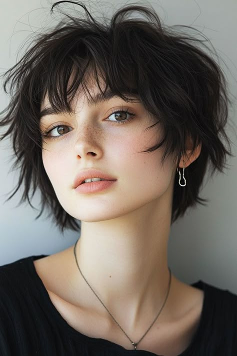 Messy Layered Short Hair, Short Hairstyles For Women Over 50 With Fine Wavy Hair, Shaggy Medium Hair With Bangs Round Face, Short Choppy Haircuts With Bangs, Shaggy Short Bob With Bangs, Pixie Cut Curtain Bangs, Short Messy Hair Women, Short Stacked Hairstyles, Short Womens Hair