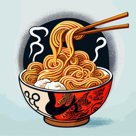 Bowl Of Noodles Illustration, Bowl Of Ramen Illustration, Noodle Illustration Design, Ramen Noodles Drawing, Ramen Illustration Art, Noodle Bowl Tattoo, Ramen Noodle Drawing, Food Logo Aesthetic, Cute Food Drawings Aesthetic