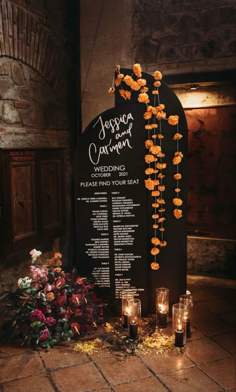 Halloween Wedding Altar, Asta La Muerte Wedding, Dark Mexican Theme Wedding, Book Of Life Wedding Theme, Goth Wedding Seating Chart, Halloween Wedding Bridesmaids, Moody Mexican Wedding, Wedding Ofrenda, Halloween Wedding Ceremony Decor