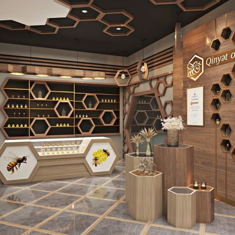 Designed by Nadir Gasimov. Honey Shop Design Ideas, Honey Store Design, Honey Shop Design, Bee Hive Design, Honey Bar, Lcd Panel Design, Honey Store, Store Shelves Design, Wood Hexagon