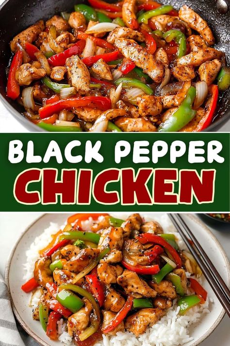 Black pepper chicken features tender chicken coated in a rich and savory pepper sauce. Serve it over steamed rice for a satisfying and quick meal. Black Pepper Chicken Chinese Recipe, Chicken Rice And Bell Pepper Recipes, Black Pepper Chicken Instant Pot, Chicken Pepper Rice Bowl, Chicken And Pepper Recipes Crock Pots, Chicken And Peppers Over Rice, Cajun Chicken And Peppers, Crockpot Black Pepper Chicken, Chicken And Peppers In Crock Pot