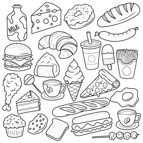 Premium Vector | Food and baverage doodle vector line art Vector Line Art, Doodle Vector, Food Doodles, Food Coloring Pages, Food Sketch, Cute Easy Doodles, Food Illustration Art, Vector Food, Vector Line