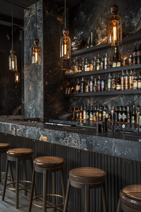 29 Dark Aesthetic Decor Ideas for a Boldly Mysterious Home Atmosphere 19 Bar Counter Aesthetic, Dark Home Bar, Distillery Bar, Cocktail Bar Interior, Back Bar Design, Luxury Bar Design, Mezcal Bar, Dark Bar, Bar Renovation