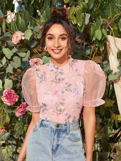 Mock-Neck Organza Puff Sleeve Floral Chiffon Top | SHEIN Sleeve Outfit Ideas, Organza Tops, Floral Chiffon Top, Western Wear Outfits, Fancy Tops, Trendy Dress Outfits, Fashion Tops Blouse, Trendy Fashion Tops, Trendy Blouse Designs