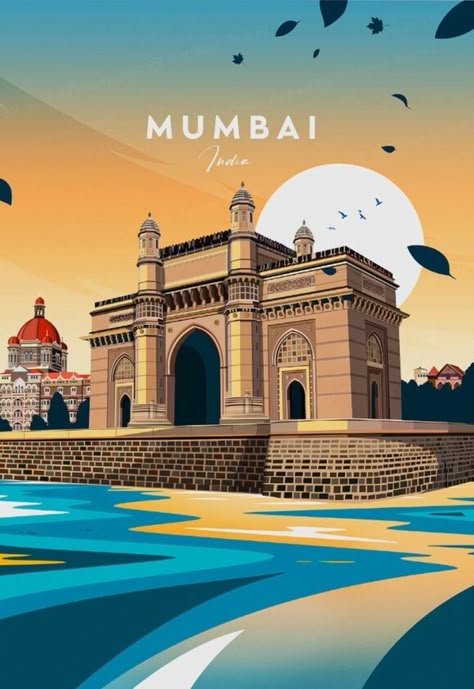 India Poster Aesthetic, Indian City Illustration, Delhi Illustration Art, Mumbai Illustration Art, Mumbai Illustration, Indian Cities Illustration, India Tourism Illustration, Mumbai Poster Art, India Travel Posters