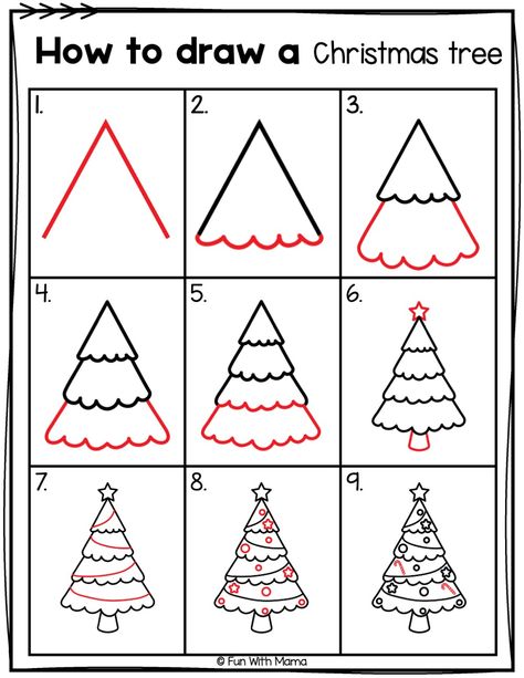 Learn how to draw a Christmas tree with these easy step by step directions. Perfect for kids and adults to join in on the fun! Easy Draw Christmas Pictures, Christmas Tree Drawing Step By Step, Draw Christmas Tree Easy, Drawing A Christmas Tree Easy, Christmas Tree Drawing Tutorial, Xmas Tree Drawing For Kids, Large Tree Drawing, How To Draw A Simple Christmas Tree, How To Draw Christmas Tree Step By Step