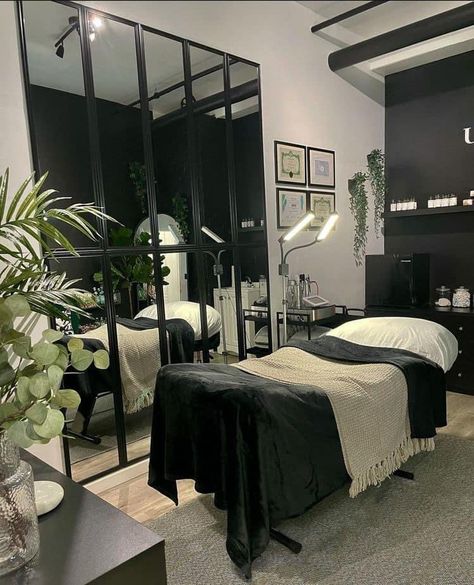 Makeup Room Background, Black Room Esthetics, Black Spa Aesthetic, Black Spa Esthetic, Wax Room Aesthetic, Black White And Gold Lash Room, Black And Beige Lash Room, Lash Room Esthetics, Grey Esthetician Room