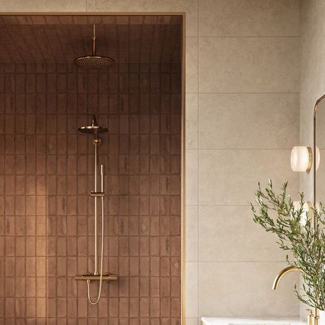 Edward Martin on Instagram: "Earthy elegance ✨ Bringing the beauty of nature indoors with our Leona and Graham tiles

Featuring:
* Graham 3x6 Glossy Ceramic Tile in Clay
* Leona 24x24 & 3x3 Hexagon Mosaic Matte Porcelain Tile in Marfil" Earthy Tiles Bathroom, Bathroom Tile Combinations, Glossy Ceramic Tile, Earthy Elegance, Matte Porcelain Tile, Mosaic Bathroom, Tile Edge, Hexagonal Mosaic, The Beauty Of Nature