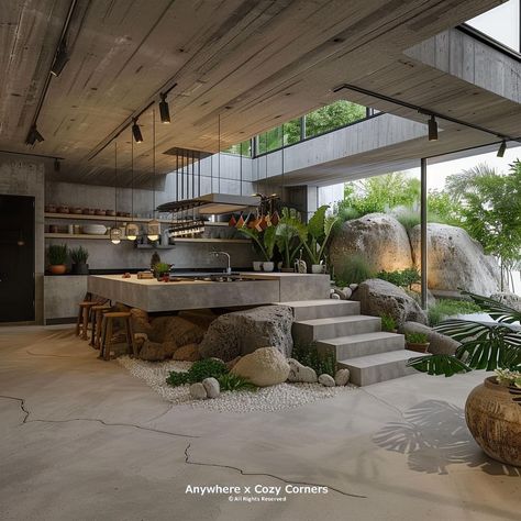 Eco Brutalist House, Tropical Brutalism Architecture, Brutalism House Design, Kitchen Brutalist, Industrial Tropical House, Eco Brutalism Interior, Brutalist Garden, Eco Brutalism Architecture, Brutalism House