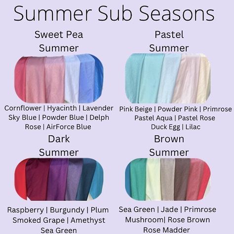 Kaitlyn Larson | I’ve been getting a lot of questions around sub seasons! Here is a visual of @houseofcolourusa’s summer sub seasons along with the colors… | Instagram Dark Summer House Of Colour, Brown Summer Color Palette, Sweet Pea Summer Color Palette, Summer House Of Colour, Dark Summer Makeup, House Of Color Summer, Dark Summer Color Palette, Sweetpea Summer, House Of Colour Summer