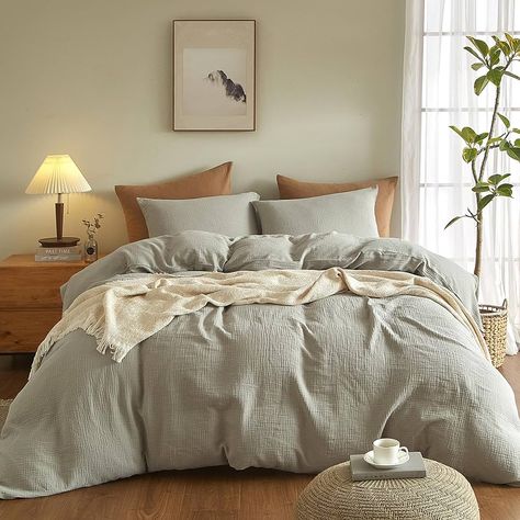 Amazon.com: SE SOFTEXLY Muslin Duvet Cover King Size, 100% Washed Cotton Duvet Cover Set, Ultra Soft Comforter Cover Linen Like, 3 Pieces Minimalist Gauze Duvet Cover with 2 Pillowcases, 90"x104", Light Brown : Home & Kitchen Sage Comforter Bedroom, Sage Green Bed Sheets, Bedroom Comforter Ideas, Muslin Comforter, Bedding Photography, Sage Bedding, Green Bed Sheets, Textured Comforter, Bedding Color