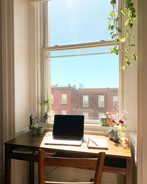 Desk Aesthetic Window, Desk Ideas In Front Of Window, Desk In Front Window, Workspace In Front Of Window, Aesthetic Desk In Front Of Window, Study Window Aesthetic, Window Nook Desk, Small Desk Under Window, Desks In Front Of Windows