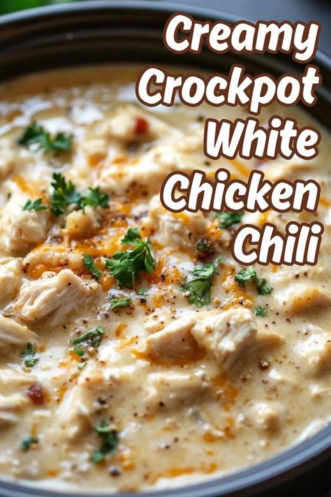 Savor the rich, comforting flavors of our Creamy Crockpot White Chicken Chili! This easy crockpot recipe combines tender chicken, creamy beans, and zesty spices for a delicious meal that cooks while you relax. Perfect for busy weeknights, it’s healthy, packed with protein, and family-friendly. Try this hearty dish today—save the pin and visit our site for the full recipe! Chicken And White Bean Chili Crock Pot, Slow Cooker Creamy White Chicken Chili, Slow Cook White Chicken Chili, White Bean Chicken Chili Recipe Crockpot, Canned Chicken White Chili, White Chicken Chili Crockpot Recipes Cream Cheese, Rotisserie White Chicken Chili Crock Pot, White Chicken Chili Soup Crockpot, Cooking Classy White Chicken Chili