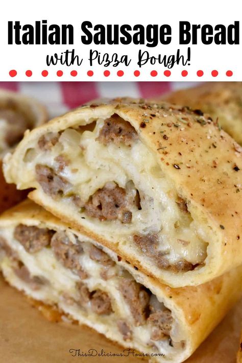 Italian Sausage Bread is a cheesy and delicious recipe using pizza dough rolled up with mozzarella cheese and Italian sausage. This is a simple recipe that's great for any occasion! Sausage Bread Recipe With Pizza Dough, Cheesy Sausage Bread, Sausage Rolls Recipe With Pizza Dough, Pizza Sausage Recipe, Sausage Bread With Pizza Dough, Italian Sausage Bread, Italian Bread Pizza, Pizza Dough Stromboli, Sausage Stromboli Recipe