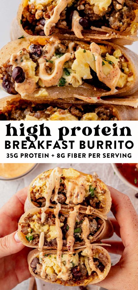 This high-protein breakfast burrito packs 35g of protein per serving and is easy to freeze and meal prep for a quick breakfast. The combination of breakfast sausage, fluffy scrambled eggs, black beans, and cheese makes it the perfect combination to keep you full. Protein Heavy Breakfast Ideas, Bulking Breakfast Meal Prep, Protein Breakfast Wraps, Easy Meals High Protein, Protein Breakfast Bake, Breakfast Sandwich Ideas Healthy, Breakfast Ideas Clean Eating, Breakfast Casserole Protein, Breakfast Grab And Go Ideas