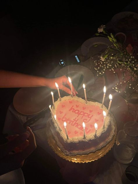 heart shaped cake with candles on it and there are flowers around Cake With Candles Aesthetic, Birthday Cake Candles Aesthetic, Heart Cakes Aesthetic, 16 Candles Cake, Heart Birthday Cake Aesthetic, Birthday Cake Heart Shape, Heart Shape Birthday Cake, Small Heart Cake, Heart Shaped Cakes Birthday