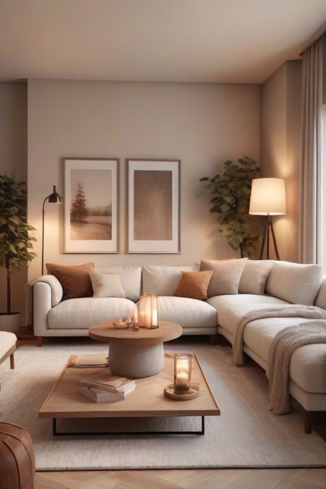 Modern Chill Living Room, Tan Living Room Ideas Neutral Walls, Small Apartment Living Room Neutral, Light And Neutral Living Room, Living Room Themes Apartment Cozy, White And Brown Wood Living Room, Small Airy Living Room, Light Brown Home Decor, Cosy Cream Living Room