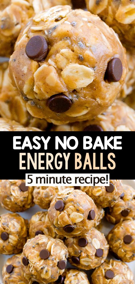 Easy No Bake Energy Balls (5 Minute Snack Recipe) Easy Protein Balls No Bake, Healthy Energy Balls Protein Bites, Pb Energy Balls, No Bake Balls Healthy, Power Bites Energy Balls, Granola Balls No Bake, Snacks On The Go For Adults, Oatmeal Balls Healthy, Meal Prep Healthy Snacks