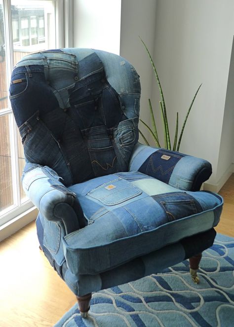 denim upholstered armchair Denim Chair, Denim Furniture, Denim Sofa, Denim Upholstery, Denim Recycle, Patchwork Chair, Modern Upholstery, Denim Projects, Recycled Jeans