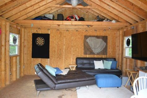 Shed Gaming Room, Game Room Shed Ideas, Small Shed Ideas Hangout, Gaming Shed, Backyard Sheds Hangout, Shed Hangout Ideas, Hangout Shed, Shed Ideas Hangout, Shed Hangout