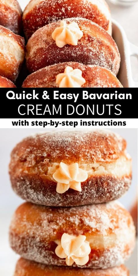 Desserts With Bavarian Cream, Donuts With Cream Filling, Banana Cream Donut, Cream And Jam Donut, Air Fryer Filled Donut Recipes, Cream Filling For Donuts Recipe, Cream Cheese Donut Filling, Bavarian Donut Recipe, Homemade Cream Filled Donuts Recipe